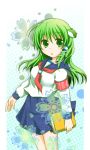  book frog green_eyes green_hair hair_ornament kashiwadokoro kochiya_sanae long_hair school_uniform snake solo touhou 