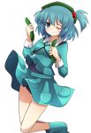  1girl blue_eyes blue_hair blush boots breasts cucumber hair_bobbles hair_ornament hat highres kawashiro_nitori key one-piece_swimsuit short_hair skirt smile solo swimsuit swimsuit_under_clothes touhou twintails wink yuka_yukiusa 