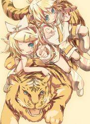  blonde_hair blue_eyes hair_ornament hair_ribbon hairclip hekicha kagamine_len kagamine_rin necktie new_year ribbon short_hair shorts siblings smile tail tiger tiger_ears twins vocaloid wink 