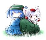  backpack bag blue_hair chibi detached_sleeves hair_bobbles hair_ornament hat highres inubashiri_momiji kawashiro_nitori short_hair tokin_hat touhou twintails white_hair wolf_ears yume_shokunin 