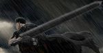  black_hair cape dragonslayer_(sword) guts huge_weapon rain sword weapon 