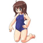  barefoot brown_hair clothed_navel dd_(artist) flat_chest grey_eyes loli long_hair navel one-piece_swimsuit original school_swimsuit simple_background solo swimsuit 