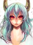  bad_id close-up ex-keine eyelashes face fangs green_hair highres horns kamishirasawa_keine lips long_hair open_mouth portrait red_eyes slit_pupils solo tcb touhou 