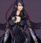  bayonetta bayonetta_(character) black_hair blue_eyes breasts cleavage earrings glasses hair_ribbon jewelry large_breasts mole ribbon taro tarowo 