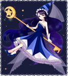  1girl black_hair blue_dress choker cookie_run dress full_body gloves green_(wintergreen) hat key long_hair looking_at_viewer moonlight_cookie smile solo staff strapless_dress very_long_hair violet_eyes white_gloves 