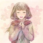  brown_hair flower long_hair open_mouth redjuice sayoko_(sayonara_memories) sayonara_memories_(supercell) scarf smile solo traditional_media 