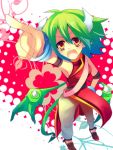 1girl :o arm_up brown_eyes china_dress chinese_clothes draco_centauros from_above green_hair hand_on_hip horns milano pants pointing puyopuyo red_background shoes short_hair solo tail wings 