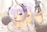  1girl bare_shoulders blush breasts cleavage demon_horns earrings eteru_(mofuaki) fang horns jewelry kneehighs large_breasts long_hair looking_at_viewer lying mofuaki naked_sweater on_stomach one_eye_closed original pointy_ears ponytail purple_hair ribbed_sweater smile solo sweater tail v violet_eyes wings 