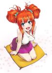  barefoot double_bun fukukitaru hands highres kneeling orange_hair original sitting smile solo 