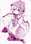  dress hands_together hat monochrome mystia_lorelei short_hair sitting smile solo thighhighs touhou traditional_media vent_arbre wariza wings 