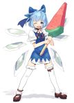  blue_hair bow cirno food frills fruit garters hair_bow mary_janes popsicle s.o_chin shoes short_hair smile suika_bar thigh-highs thighhighs touhou watermelon white_legwear white_thighhighs wings wink 