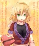  blonde_hair blush greave_(artist) green_eyes heart holding holding_gift incoming_gift mizuhashi_parsee pointy_ears scarf short_hair touhou translated tsundere valentine 