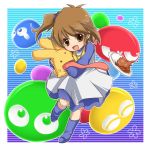  1girl arle_nadja blob blue_background boots brown_eyes brown_hair carbuncle_(puyopuyo) child creature curry dress food gradient gradient_background kosumo long_tongue plate purple_background puyo_(puyopuyo) puyopuyo short_hair side_ponytail smile tongue young 