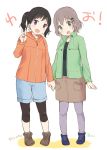  2girls black_hair blush brown_hair green_eyes hair_ornament hairclip holding_hands kuraue_hinata leggings multiple_girls open_mouth short_hair smile twintails violet_eyes yama_no_susume yukimura_aoi yukiu_kon 