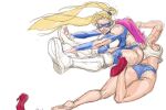  2girls ass attack blonde_hair diepod high_heels hip_attack long_hair mask multiple_girls pink_hair poison_(final_fight) rainbow_mika red_shoes shoes short_shorts shorts street_fighter street_fighter_zero street_fighter_zero_3 twintails wrestling_mask wrestling_outfit 