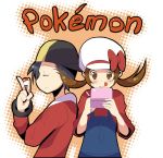  between_fingers black_hair brown_eyes brown_hair gold_(pokemon) gold_(pokemon)_(remake) hat hat_ribbon holding holding_poke_ball kotone_(pokemon) nintendo_dsi playing_games poke_ball pokemon pokemon_(game) pokemon_gsc pokemon_special red_ribbon ribbon short_twintails tongue twintails 