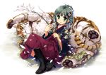  boots flower green_eyes hair_flower hair_ornament japanese_clothes kimono long_hair original smile solo teal_eyes tiger tougarashi_hideyu 