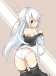  1girl ass bare_shoulders blue_eyes blush eve_(kenzen) hibiki_(kantai_collection) highres kantai_collection no_hat off_shoulder open_mouth panties side_glance skirt skirt_pull solo underwear verniy_(kantai_collection) white_hair white_panties 
