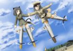  2girls absurdres animal_ears belt black_hair clouds condensation_trail erica_(naze1940) eye_contact flagpole glasses hat highres holding_hands long_hair looking_at_another military military_uniform multiple_girls original ribbon short_hair shorts sky strike_witches striker_unit tail temple uniform violet_eyes 