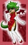 1girl bat_wings china_dress chinese_clothes draco_centauros elbow_gloves gloves green_hair hand_on_hip horns kaorin_minogue pointy_ears puyopuyo red_background red_eyes shoes short_hair smile solo tail thighhighs white_gloves white_legwear wings