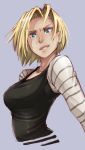  1girl android_18 blonde_hair blue_background blue_eyes bob_cut breasts dragon_ball dragon_ball_z highres long_sleeves nose pout short_hair solo striped_sleeves whistle_frog 