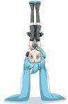  blue_eyes blue_hair blush_stickers boots covering covering_crotch detached_sleeves hatsune_miku headphones long_hair prehensile_hair thighhighs twintails upside-down vocaloid yanagi_takashi 