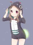  1girl animal_costume aoba_kokona blush braid brown_hair fireflies glowing hair_ornament hairclip hoodie long_hair looking_at_viewer open_mouth red_eyes short_hair smile solo yama_no_susume yukiu_kon 