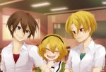  bad_id blonde_hair brown_hair closed_eyes fang happy higurashi_no_naku_koro_ni houjou_satoko houjou_satoshi hug maebara_keiichi maroyan purple_eyes red_eyes smile violet_eyes 