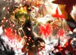  alternate_eye_color asuka_(moto) building butterfly green_eyes green_hair hat open_mouth outstretched_arms ruins shikieiki_yamaxanadu short_hair solo standing touhou ultimate_asuka 