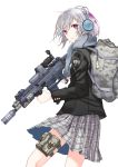  backpack bag bob_cut camouflage fuyuno_haruaki gun headphones jacket looking_back messy_hair operator original plaid plaid_skirt pouch purple_eyes rifle scarf school_uniform short_hair silver_hair simple_background skirt smiley_face solo tartan upskirt violet_eyes weapon 