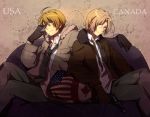  adjusting_glasses ahoge america_(hetalia) america_(hetalia)_(cosplay) american_flag axis_powers_hetalia bad_id blonde_hair brothers canada_(hetalia) canada_(hetalia)_(cosplay) cosplay costume_switch crossed_legs flag glasses gloves gun multiple_boys siblings sitting tomako twins undone_tie weapon 