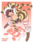  akeome animal_costume bent_over boots breasts brown_eyes brown_hair cleavage costume kenix new_year paw_pose paw_print striped striped_legwear thigh-highs thighhighs tiger_costume tiger_print tiger_suit 