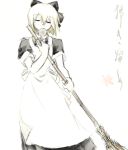  3 blonde_hair broom closed_eyes food hair_ribbon leaf lowres maid mouth_hold ribbon rough short_hair simple_background sketch solo sun-3 translated 