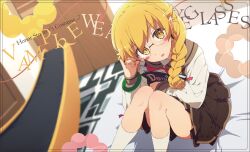  1girl bakemonogatari blonde_hair blush_stickers braid commentary_request glasses highres looking_at_viewer monogatari_(series) nanahyakuichi_middle_school_uniform ogipote oshino_shinobu pointy_ears school_uniform solo third-party_edit vampire yellow_eyes 