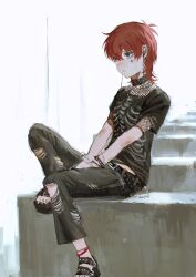  1girl absurdres belt black_belt black_collar black_nails black_pants black_sandals black_shirt blue_eyes closed_mouth collar cross cross_necklace earphones earphones facial_mark highres idolmaster idolmaster_million_live! jewelry julia_(idolmaster) nail_polish necklace pants platform_sandals print_shirt punk red_hair sandals shirt short_hair short_sleeves sitting sitting_on_stairs skeleton_print solo stairs star_(symbol) star_facial_mark studded_belt studded_collar t-shirt toenail_polish toenails torn_clothes torn_pants yatatashira 