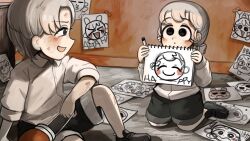  2girls :d absurdres aged_down bird black_eyes black_shoes black_shorts bunny_nun_(diva) chicken child's_drawing crayon diva_(hyxpk) drawing_(object) english_commentary eyelashes grey_hair highres holding holding_crayon holding_drawing kneeling little_nuns_(diva) long_hair multiple_girls shirt shoes short_hair shorts sitting smile smug_nun_(diva) white_shirt 