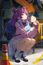  1girl alley black_shoes bleach bleach:_the_high_school_warfare blue_bow blue_bowtie blue_shirt blunt_bangs blush bow bowtie bread bread_slice commentary day deadman70232800 double_bun food full_body hair_bun hands_up high_heels highres holding holding_food jacket long_hair long_sleeves looking_at_food meninas_mcallon miniskirt official_alternate_costume official_alternate_hairstyle open_clothes open_jacket outdoors parted_lips pink_jacket pleated_skirt purple_hair school_uniform shirt shoes sidelighting sidelocks skirt socks solo sparkle squatting toast twintails violet_eyes white_skirt white_socks 