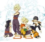  6boys :d age_progression all_fours armor black_hair blonde_hair boots cape crossed_arms dragon_ball dragon_ball_(object) dragon_ball_z dragonball_z dual_persona gloves kneeling looking_up monkey_tail multiple_boys multiple_persona nikayu open_mouth shoes sitting smile son_gohan spiked_hair standing super_saiyan tail time_paradox zoom_layer 