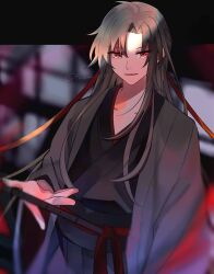  1boy black_hair black_hanfu blurry blurry_background blurry_foreground brown_hair chenqing_flute chinese_clothes coat commentary_request depth_of_field dizi flute grandmaster_of_demonic_cultivation grey_coat hair_down hair_ribbon half_updo hanfu highres holding holding_flute holding_instrument instrument long_hair long_sleeves looking_at_viewer male_focus official_alternate_costume official_alternate_hairstyle open_clothes open_coat outstretched_hand parted_bangs parted_lips red_eyes red_ribbon red_sash ribbon robe sash sidelocks smile solo tensen11291 transverse_flute twitter_username wei_wuxian wei_wuxian_(yiling_laozu) wide_sleeves 