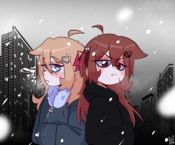  2girls :< absurdres bags_under_eyes blue_eyes broken_heart broken_heart_hair_ornament brown_hair building cartoonized cigarette closed_mouth clouds cloudy_sky commentary down_jacket evil_neuro-sama fang fang_out fur-trimmed_jacket fur_trim hair_between_eyes hair_ornament hair_ribbon half-closed_eyes hands_in_pockets heart heart_hair_ornament highres hood hooded_jacket jacket long_hair looking_at_viewer multiple_girls neuro-sama red_eyes red_ribbon ribbon siblings signature sisters skull_hair_ornament sky skyscraper smoke snow snowing toon_(style) twins two_side_up untranslatable_commentary v-shaped_eyebrows vedal_ai winter_clothes zerudawaa 
