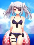  :o arms_behind_back bikini bikini_top black_bikini blush bow cloud clouds eyepatch infinite_stratos innertube kamanatsu laura_bodewig looking_at_viewer navel ocean red_eyes silver_hair sky solo swimsuit thigh_gap thigh_strap thighs twintails 