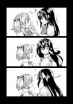  akemi_homura blush bow closed_eyes comic eyes_closed finger_to_mouth hair_ribbon hairband heart kaname_madoka long_hair looking mahou_shoujo_madoka_magica monochrome multiple_girls mura_(kiyohime) ribbon shirt silent_comic smile surprised turning twintails yuri 