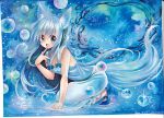  animal_ears blue_eyes blue_hair blush bow bubble copyright_request mosho original solo tail water 