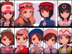  4boys 5girls :d :q beanie black_hair black_vest blue_hat blue_jacket braid brown_eyes brown_hair buttons calem_(pokemon) cardigan collared_dress collared_shirt commentary_request dress elio_(pokemon) eyewear_on_headwear florian_(pokemon) gloria_(pokemon) green_hat green_jacket grin hand_up harmony_(pokemon) hat highres hilda_(pokemon) hood hood_down hooded_cardigan jacket juliana_(pokemon) long_hair multiple_boys multiple_girls necktie open_clothes open_jacket open_mouth open_vest orange_necktie pink_dress pink_hat pokemon pokemon_black_and_white pokemon_legends:_z-a pokemon_scarlet_and_violet pokemon_sun_and_moon pokemon_sword_and_shield pokemon_x_and_y red_hat red_shirt serena_(pokemon) shirt short_hair sideocks smile sunglasses tam_o'_shanter teeth toi_(nisanrei121) tongue tongue_out turtleneck turtleneck_jacket twintails upper_teeth_only vest victor_(pokemon) white_shirt 