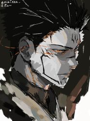 1boy absurdres black_hair close-up eye_trail facial_tattoo forehead_tattoo highres jujutsu_kaisen light_trail male_focus nikinea ryoumen_sukuna_(jujutsu_kaisen) ryoumen_sukuna_(second_possession)_(jujutsu_kaisen) short_hair solo tattoo white_background 