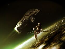  1other amarr_empire_(eve_online) ambiguous_gender apocalypse_(eve_online) artist_name astronaut attack_ship_(eve_online) battleship_(eve_online) clouds commentary_request eve_online floating flying helmet highres in_orbit military_vehicle mukunuko outdoors partial_commentary planet scenery sky space space_helmet spacecraft star_(sky) starry_sky starry_sky_background viziam_(eve_online) zero_gravity 