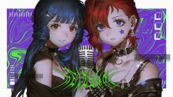  2girls black_choker black_collar black_tank_top blue_eyes blue_hair choker clothes_pin collar collarbone facial_mark grin highres idolmaster idolmaster_million_live! julia_(idolmaster) kitakami_reika long_hair looking_at_viewer microphone multiple_girls red_hair short_hair smile star_(symbol) star_facial_mark tank_top upper_body yatatashira yellow_eyes 