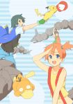  1girl 2boys baseball_cap belt black_hair blue_background blue_eyes brown_eyes brown_hair child closed_eyes denim eyes_closed fingerless_gloves gloves hat headwear_removed izumi_(ko8) jacket kasumi_(pokemon) multiple_boys onix open_mouth orange_hair pikachu poke_ball pokemon pokemon_(anime) pokemon_(creature) psyduck satoshi_(pokemon) satoshi_(pokemon)_(classic) side_ponytail simple_background smile striped striped_background surprised suspenders takeshi_(pokemon) waist_poke_ball 