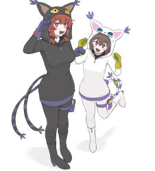  2girls :3 alternate_costume animal_ears animal_hood black_boots black_bow black_dress black_pantyhose blush boots bow braid breasts brown_hair cat_ears cat_hood cat_tail chen commentary commission dress english_commentary full_body gloves hair_between_eyes hair_bow high_heel_boots high_heels highres hood hood_up kaenbyou_rin large_breasts leg_up looking_at_viewer mata_(matasoup) multiple_girls multiple_tails nekomata open_mouth pantyhose purple_gloves red_eyes red_hair smile standing standing_on_one_leg tail thigh_strap touhou twin_braids two_tails white_boots white_pantyhose yellow_gloves 