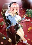  adjusting_hair amplifier blush boombox boots breasts cable cat fur_trim guitar headphones highres hoodie instrument large_breasts macaron nitroplus okitakung open_mouth pink_hair red_eyes shorts sitting solo super_sonico taut_shirt wire 
